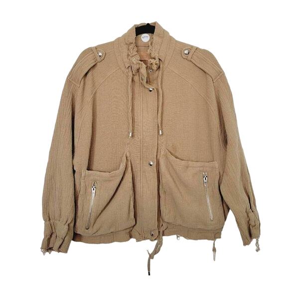 Blank NYC Womens Tan Distressed Lightweight Bomber Jacket Shacket With Pockets M - Picture 1 of 12